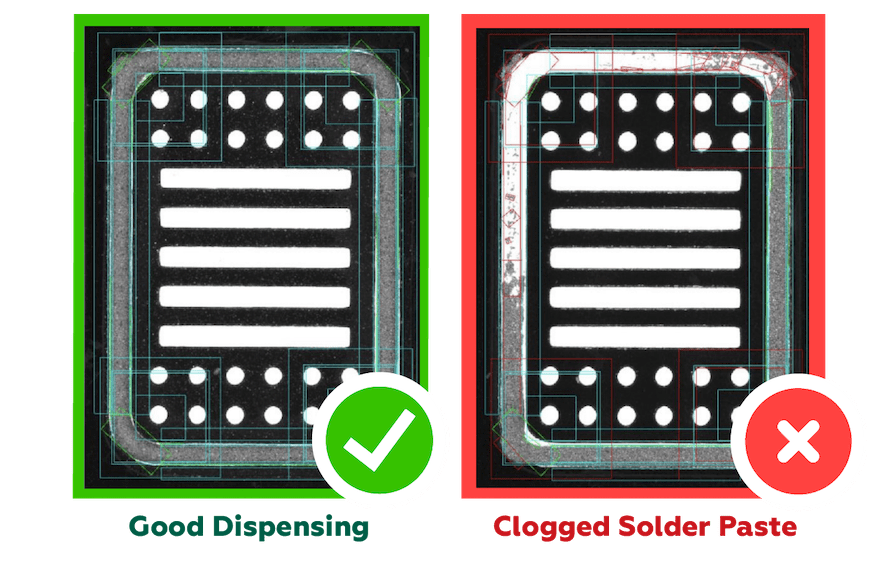 Clogged solder paste vs good solder paste dispensing
