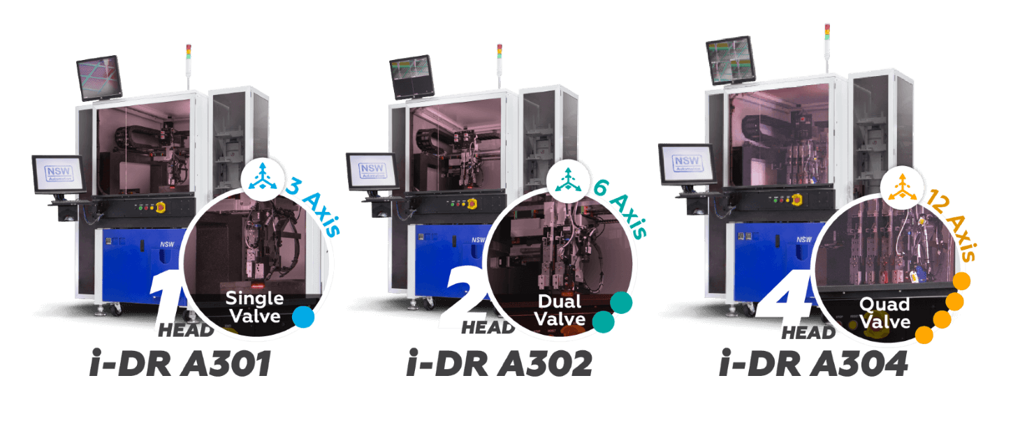 The NSW i-DR A300 Series comprises three models: A301, A302, and A304, which are intelligent precision fluid dispensing systems.