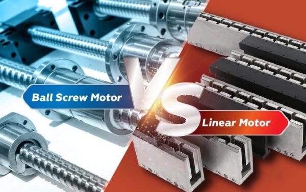 Comparison graphic showing a ball screw motor on the left and a linear motor on the right with 'Ball Screw Motor vs Linear Motor' text overlay.