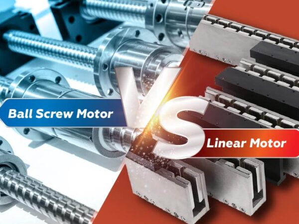 Comparison graphic showing a ball screw motor on the left and a linear motor on the right with 'Ball Screw Motor vs Linear Motor' text overlay.