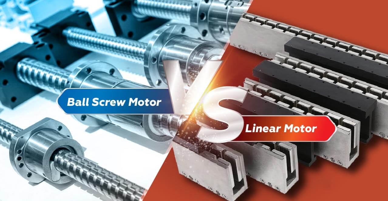 Comparison graphic showing a ball screw motor on the left and a linear motor on the right with 'Ball Screw Motor vs Linear Motor' text overlay.